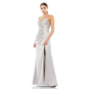Mac Duggal Satin Sleeveless Faux Wrap Ruched Gown 26585 Dress Platinum Size 2